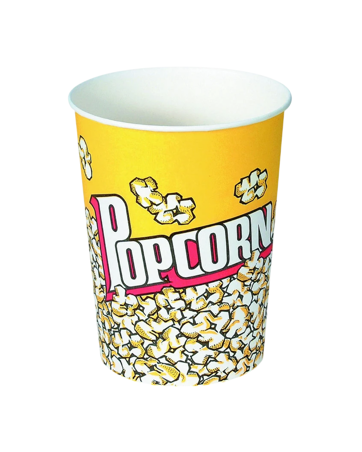 A paper popcorn cup with a bright yellow exterior, featuring the word 'Popcorn' in large white letters outlined in black, with popcorn illustrations and a pattern of popcorn kernels around the base. Great for customers like cinemas, event planning companies, popcorn shops, schools, etc.