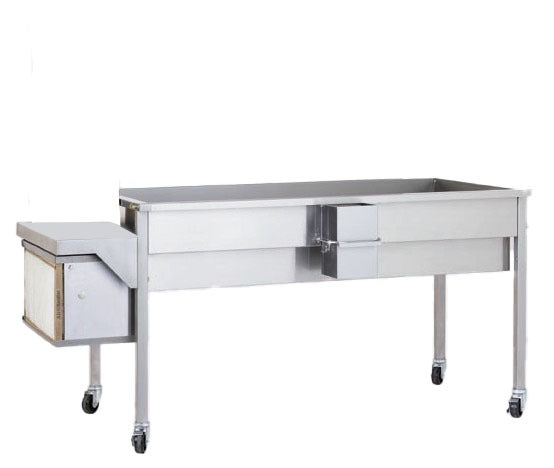 Cretors stainless steel work table with drawers on a white background. It's ideal for assembling with popcorn popper and other related equipment.