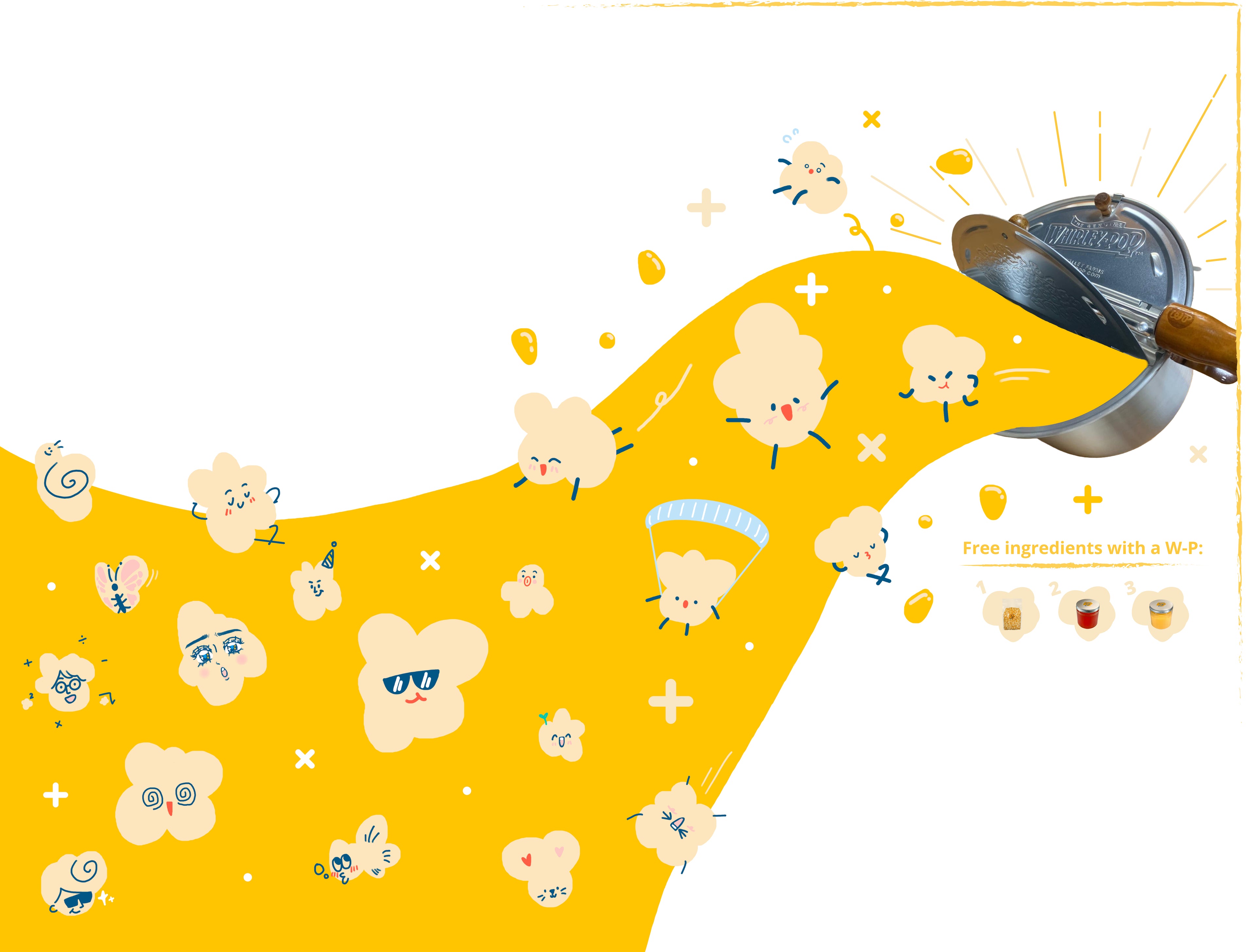Banner for Whirley-Pop popping machine and free popcorn ingredients (including mushroom popcorn kernels, butter flavored colored canola oil and butter flavored popcorn salt)