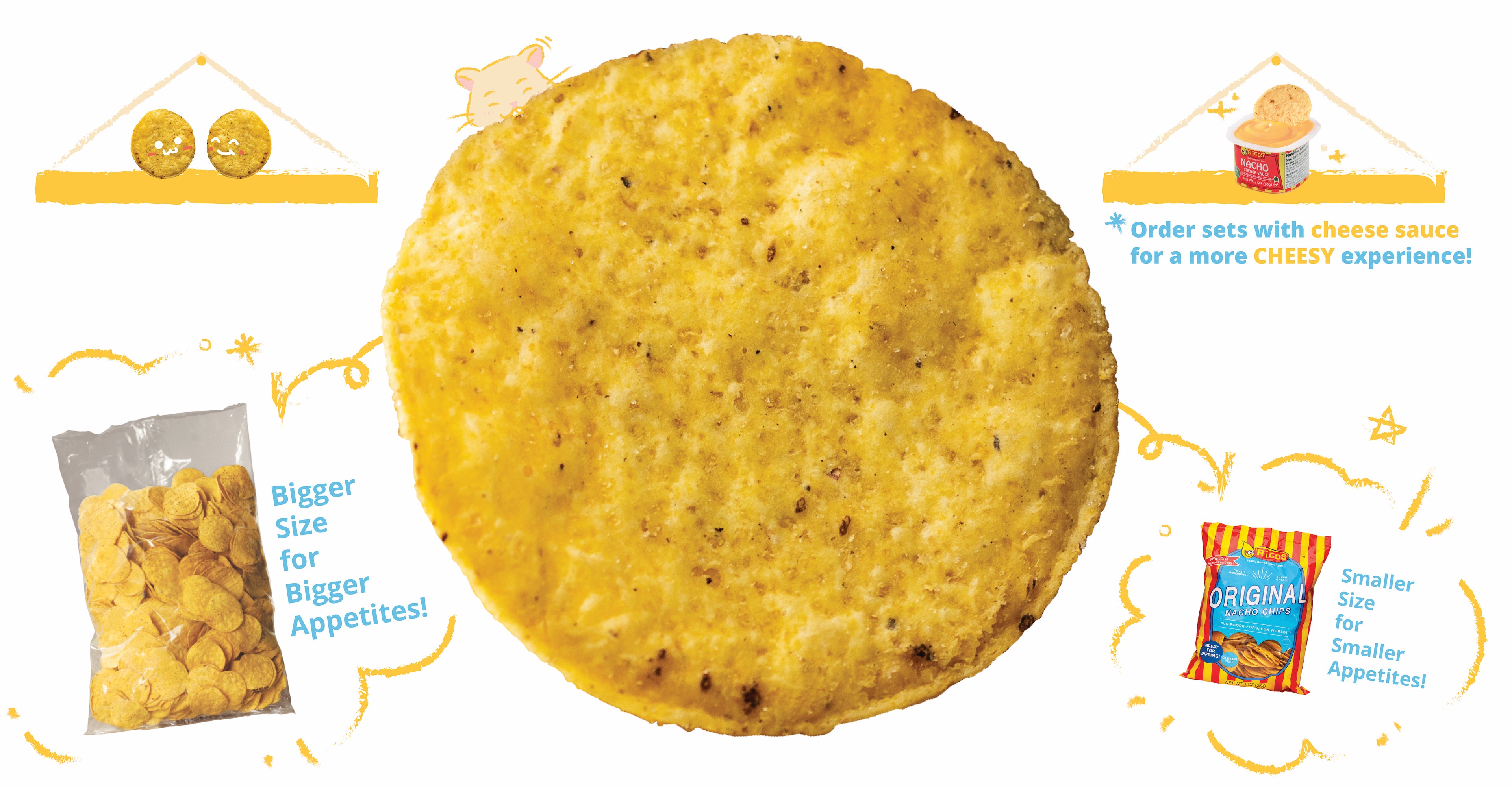 Yellow round corn tortilla chips / nacho chips, with creamy nacho cheese sauce made with cheddar cheese and jalapeño.