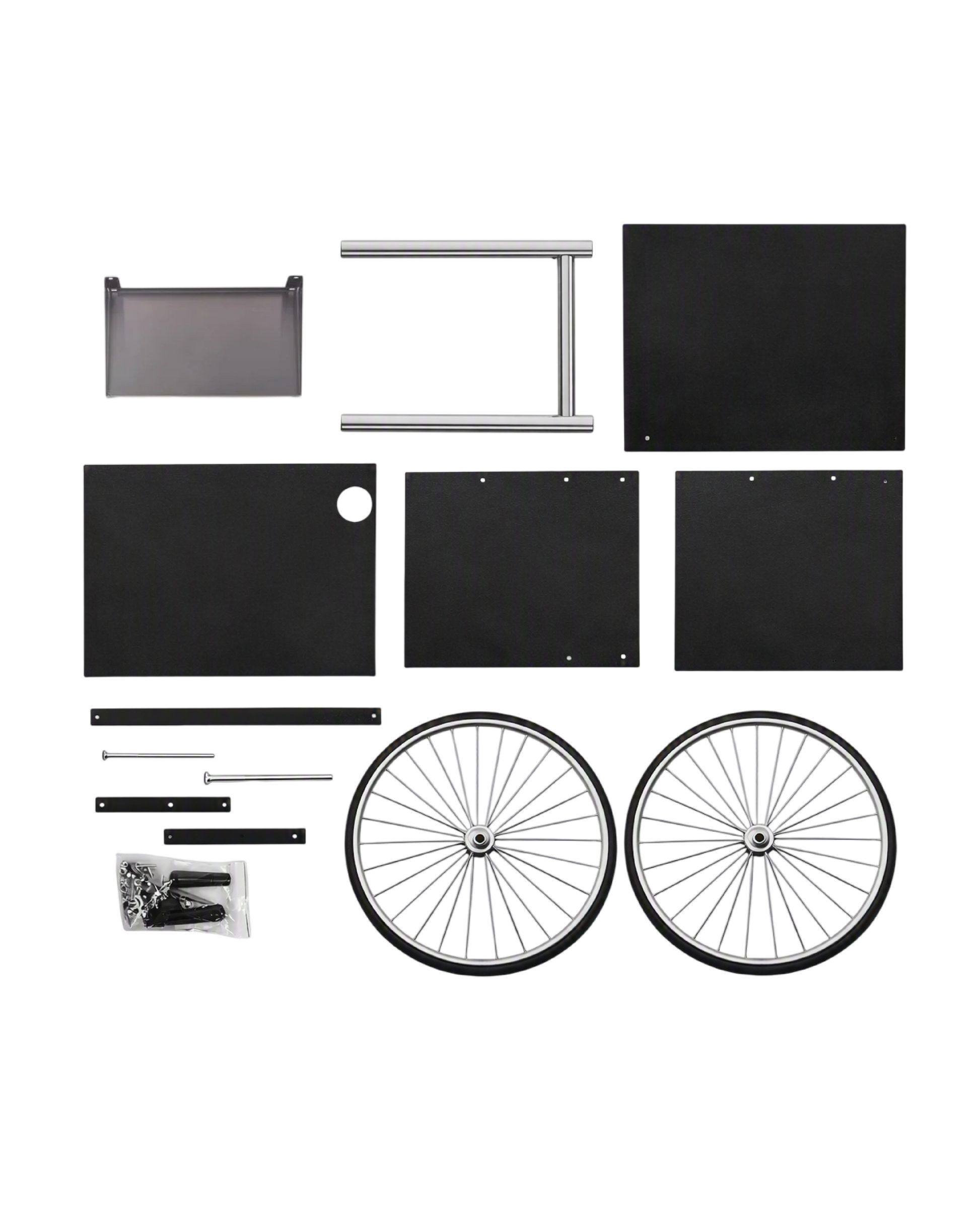 A popcorn machine wagon kit laid out on a white background, including two wheels, several black panels, silver frame tubes, etc.