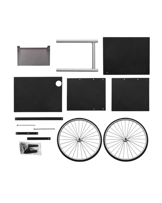 A popcorn machine wagon kit laid out on a white background, including two wheels, several black panels, silver frame tubes, etc.