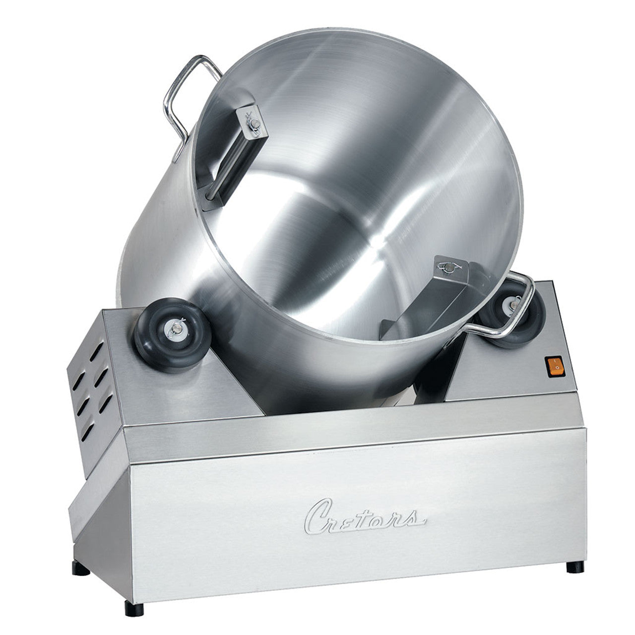 The picture shows Cretors Heavy Duty Coater Mixer Tumbler, which is ideal for nuts, popcorn and much more! The aluminum 60 quart bowl easily lifts off rubber rollers and can be washed in the sink for easy cleanup. Ideal for high production operations.
