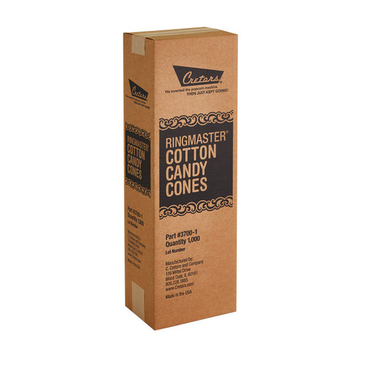 The carton box of Cretors Cotton Candy Cones / Candy Floss Cones of 1000 pieces.