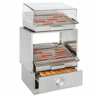 Cretors Hot Dog Bun Warmer with matching grill, sneeze guard and stackable rack.