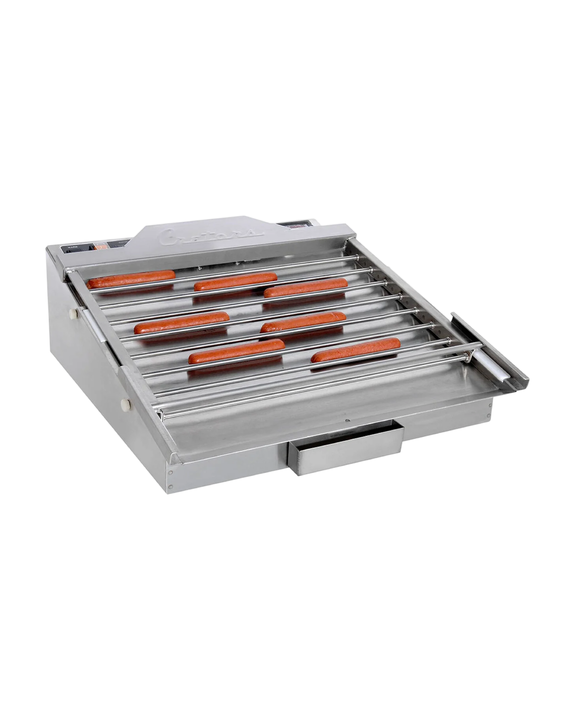 A stainless steel hot dog grill with multiple rotating rollers and orange-colored heating elements, shown on a plain white background.