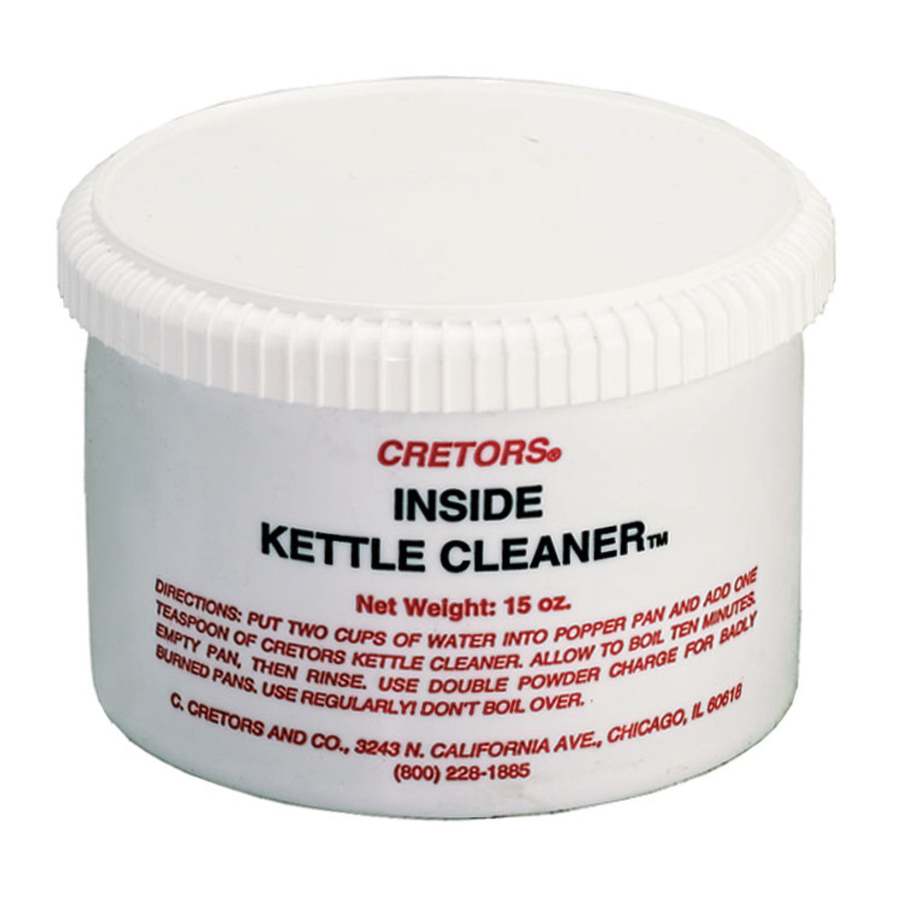 Cretors Original Inside Kettle Cleaner 15 oz. per jar. It can effectively remove built-up carbon and other debris in the kettle of your popcorn machine when mixed with water.