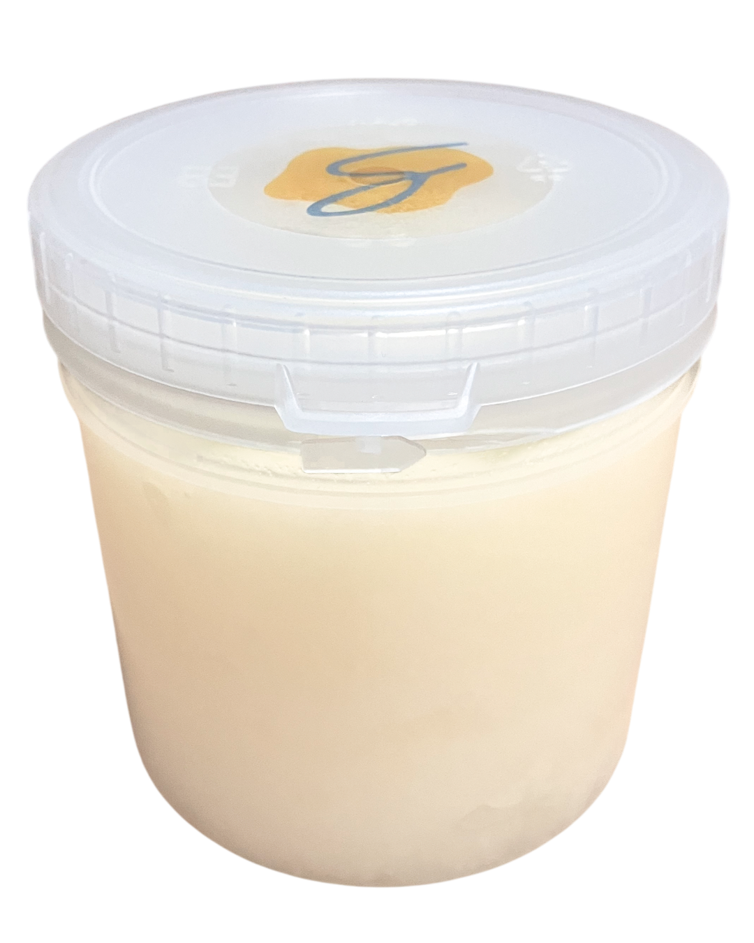 A clear plastic tub filled with a pale creamy beige pure coconut oil, mainly for making popcorn, sealed with a translucent white lid that has a small yellow and blue logo in the center, isolated on a black background.