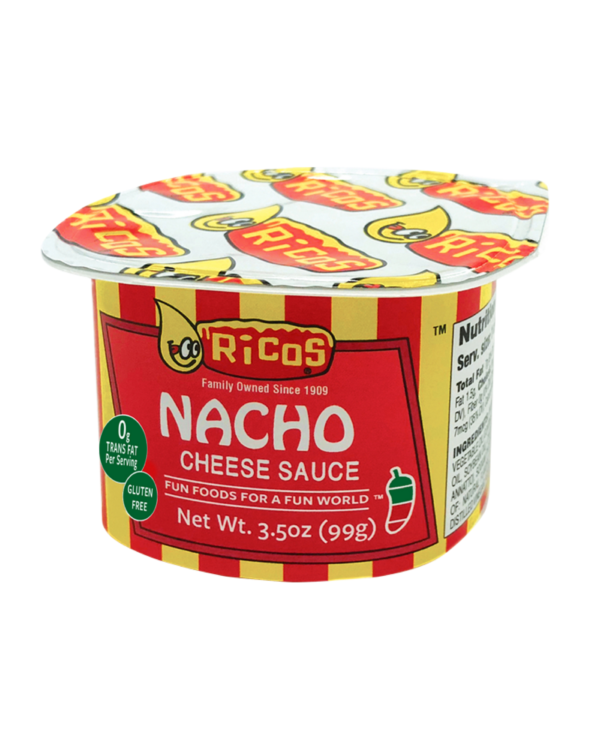 A 3.5 oz cup of Ricos Nacho Cheese Sauce on a plain white background.