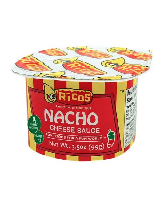 A 3.5 oz cup of Ricos Nacho Cheese Sauce on a plain white background.