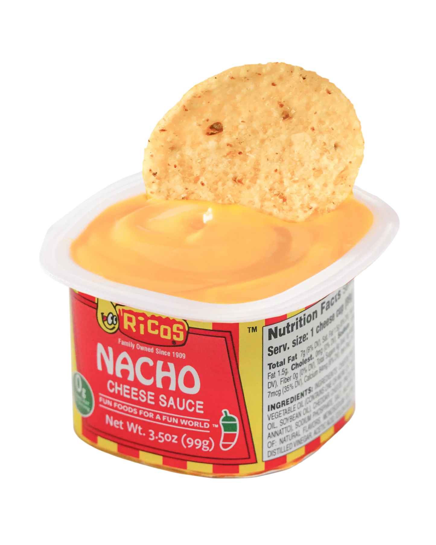 A 3.5 oz container of R&Co's Nacho Cheese Sauce dip with a tortilla chip resting on top, isolated on a white background.