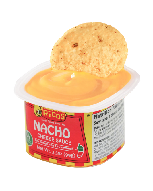 A 3.5 oz container of R&Co's Nacho Cheese Sauce dip with a tortilla chip resting on top, isolated on a white background.