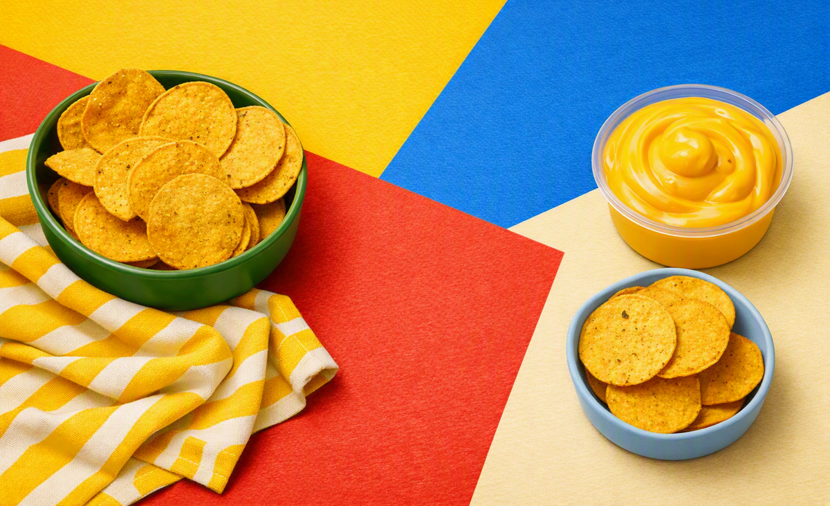 A styled snack setup with Ricos round tortilla chips (as known as nacho chips) in three bowls: a green bowl filled with Ricos nacho chips on a yellow-and-white striped cloth, a clear plastic tub of yellow Ricos nacho cheese dip, and a small blue bowl of Ricos nacho chips on a geometric multicolor background.
