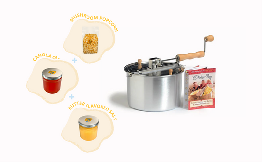 Whirley-Pop popping machine with free popcorn ingredients (including mushroom popcorn, butter flavored colored canola oil, and butter flavored popcorn salt)