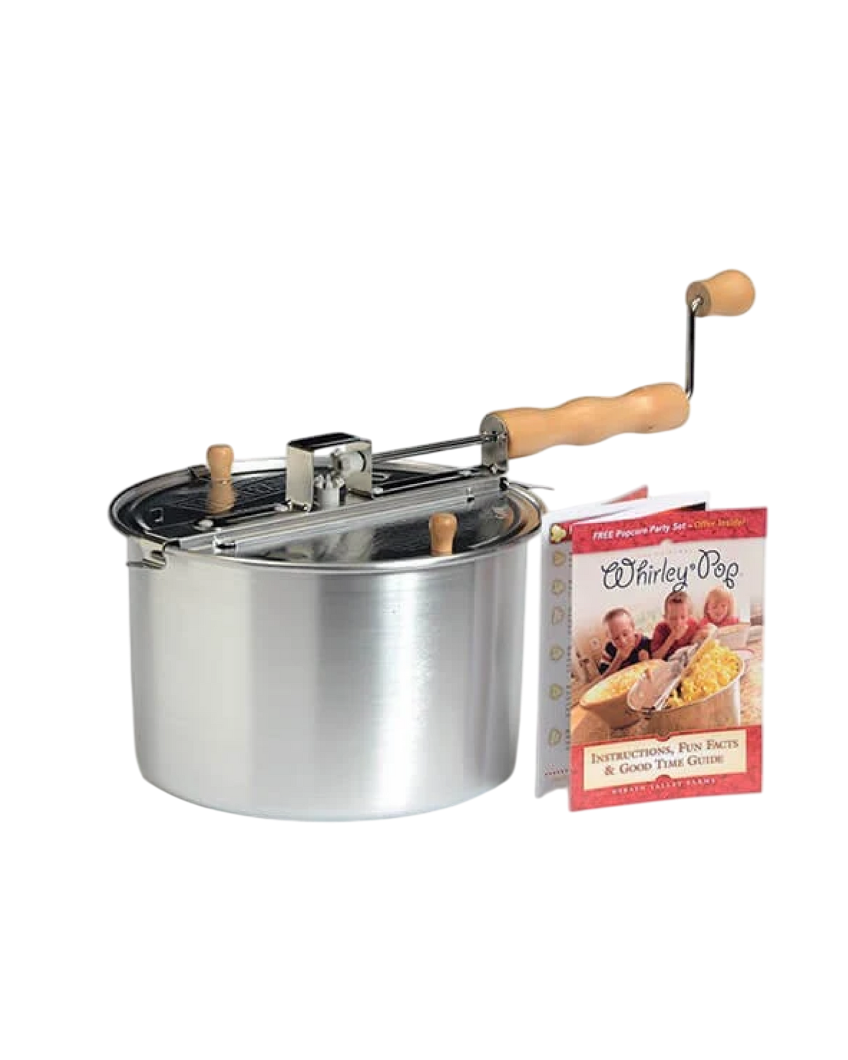 A stainless steel hand-crank popcorn maker with light wood handles, shown alongside a printed booklet titled 'Whirley Pop'.